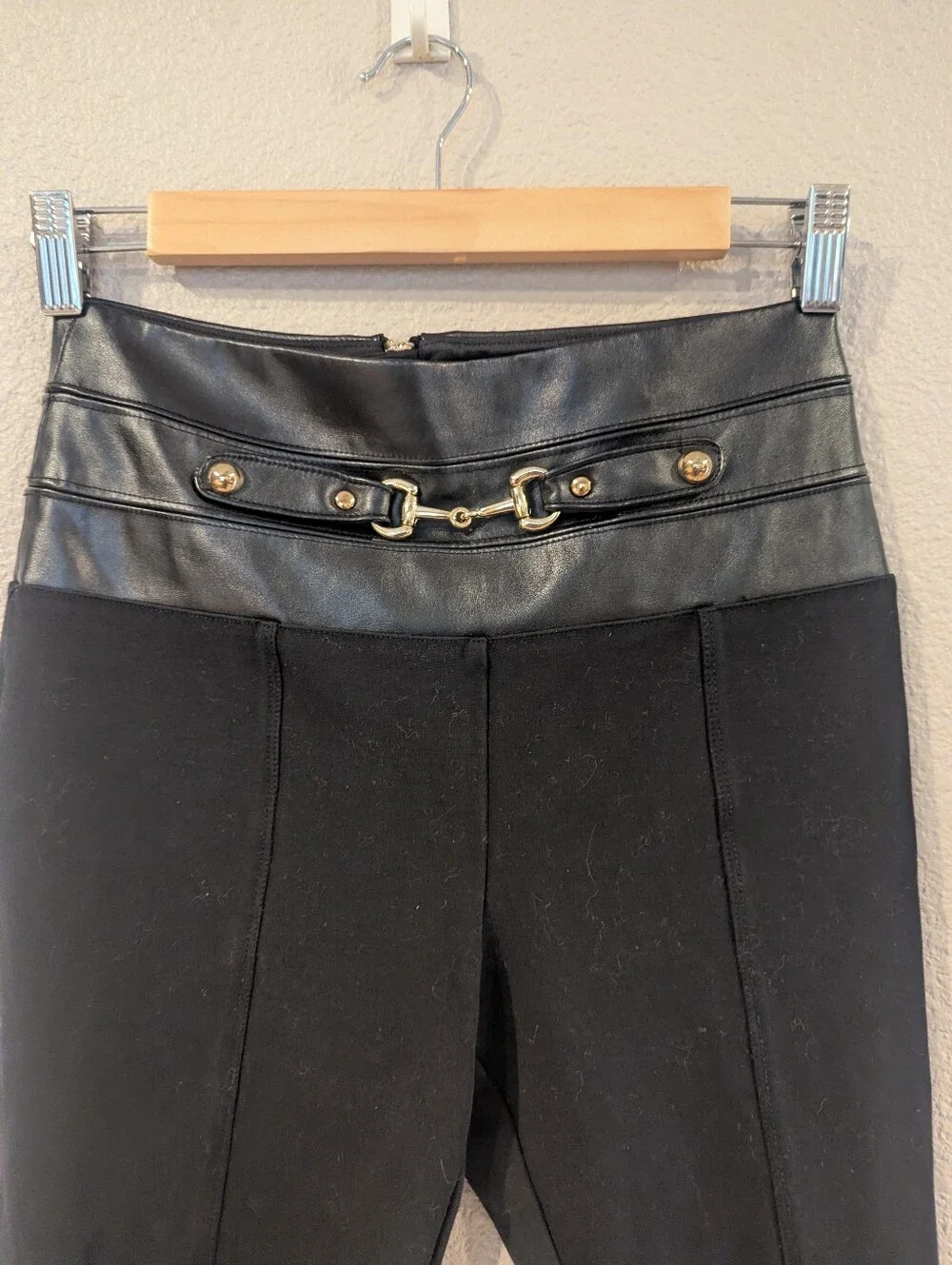 BEBE Black Ponte Leggings with Faux-Leather High Waist & Gold Hardware Small